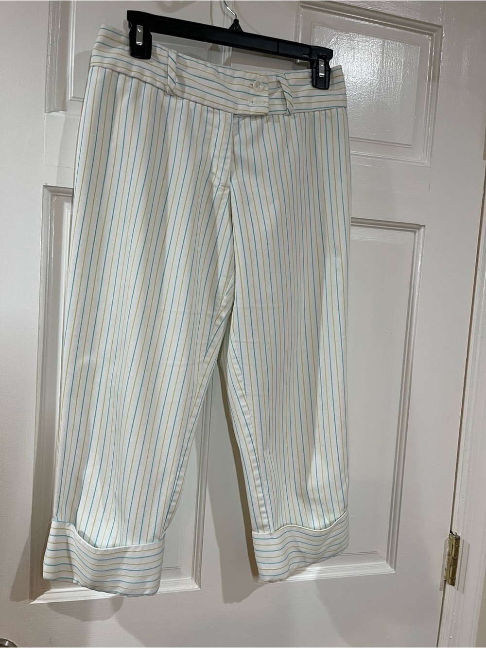 Striped Cropped Pants - Cream with Blue & Yellow Stripes
